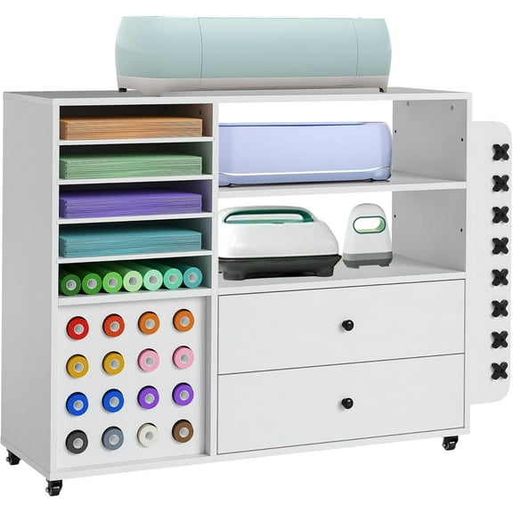 Garvee Craft Cart Compatible with Cricut Machine, 42" Cricut Cart Storage Organizer, 24 Vinyl Roll Holder, 2 Large Drawers, Craft Table for Home, White