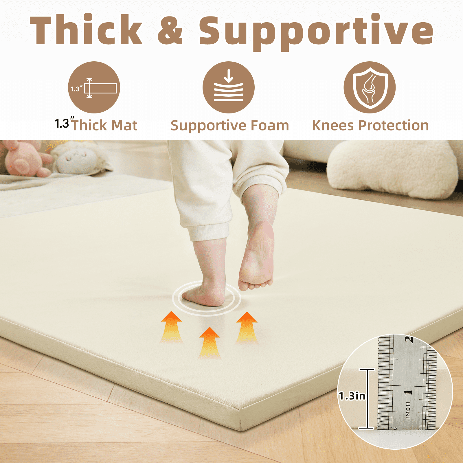 Teler Leather Baby Play Mat, 1.3" Thick Leather Crawling Mat, Cushioned & Waterproof Soft Playmat for Toddlers, Infants, 47" x 47", Beige