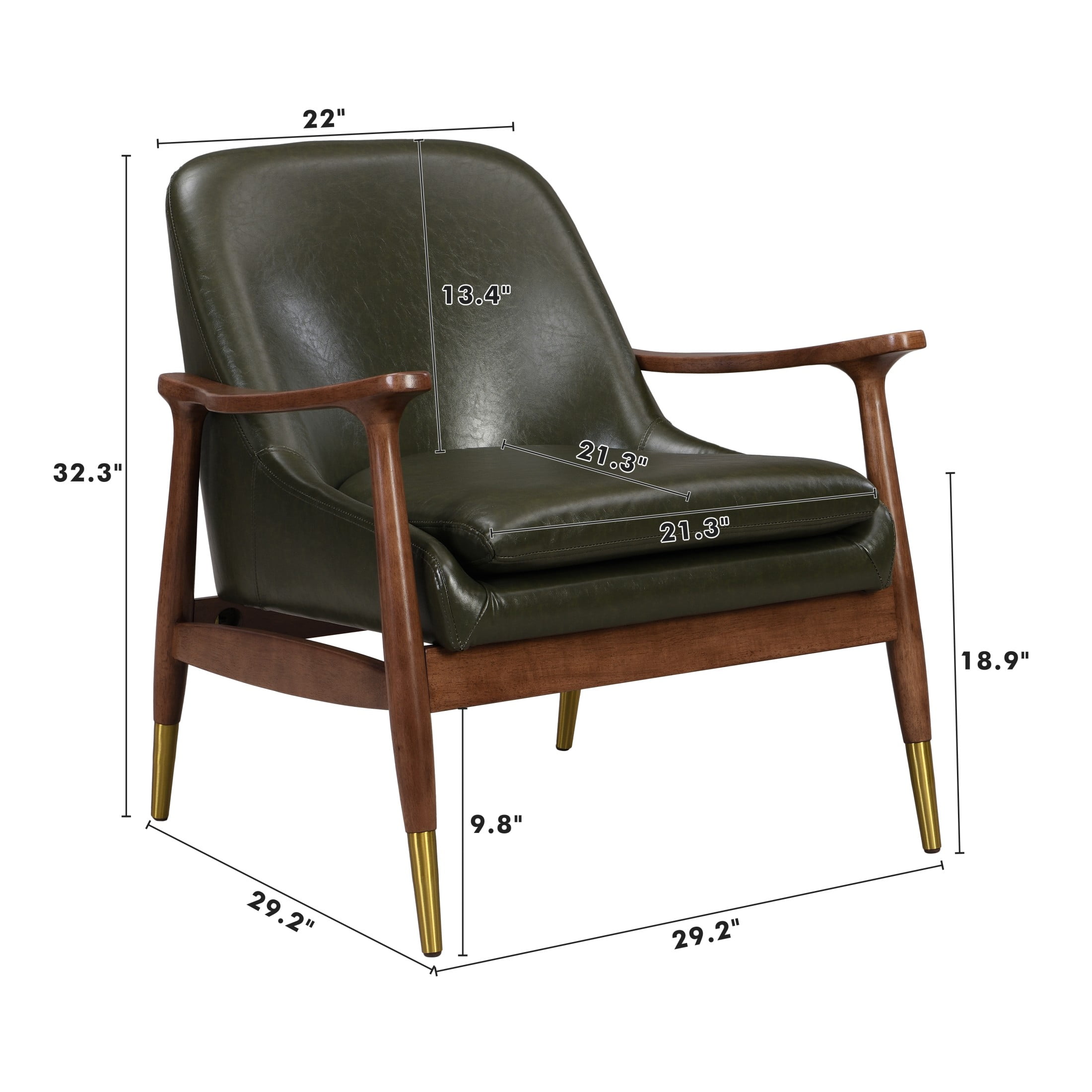 Astrid Mid-Century Modern Accent Chair With Faux Leather Upholstery, Solid Wood Frame, Brass-Tipped Legs, Wasabi Green