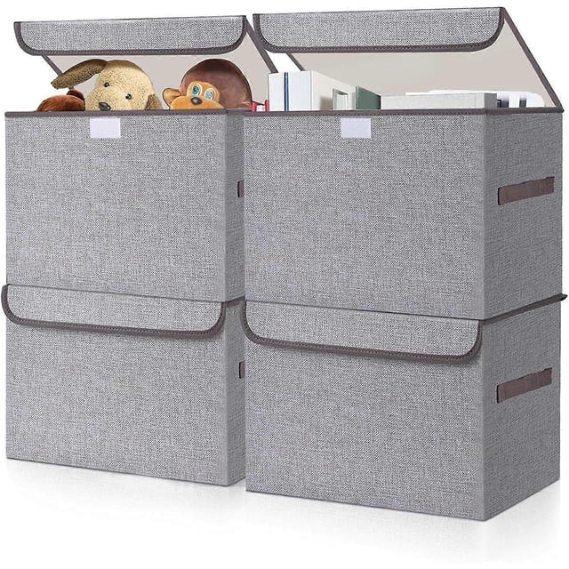 Large 22 Quart Linen Fabric Foldable Storage Bin Cube Organizer Basket with Flip-Top Lid & Handles, Clothes Blanket Box for Home, Office, Closet, Gray