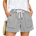 thumbnail image 3 of UDAUDU Striped Shorts for Women with Expanding Pockets Loose Drawstring Beach Soft Shorts High Rise Wide Leg Striped Summer Pants Short Black L, 3 of 6