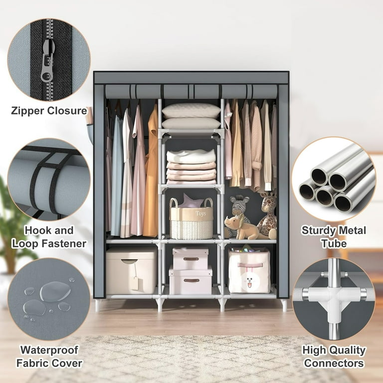 BN-LINK Portable Closet Wardrobe, Wardrobe Closet Organizer with Non-Woven Fabric Cover, 8 Compartments, Large Clothes Storage Organizer, 51.2x 17.7 x 67 Inches, Gray