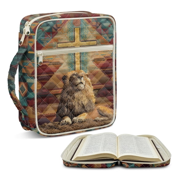 ZUXONGSY Lion Cross Print Quilted Bible Case for Women Bible Bag Stylish Handbag with Multiple Pockets Carrying Book Case for Religious
