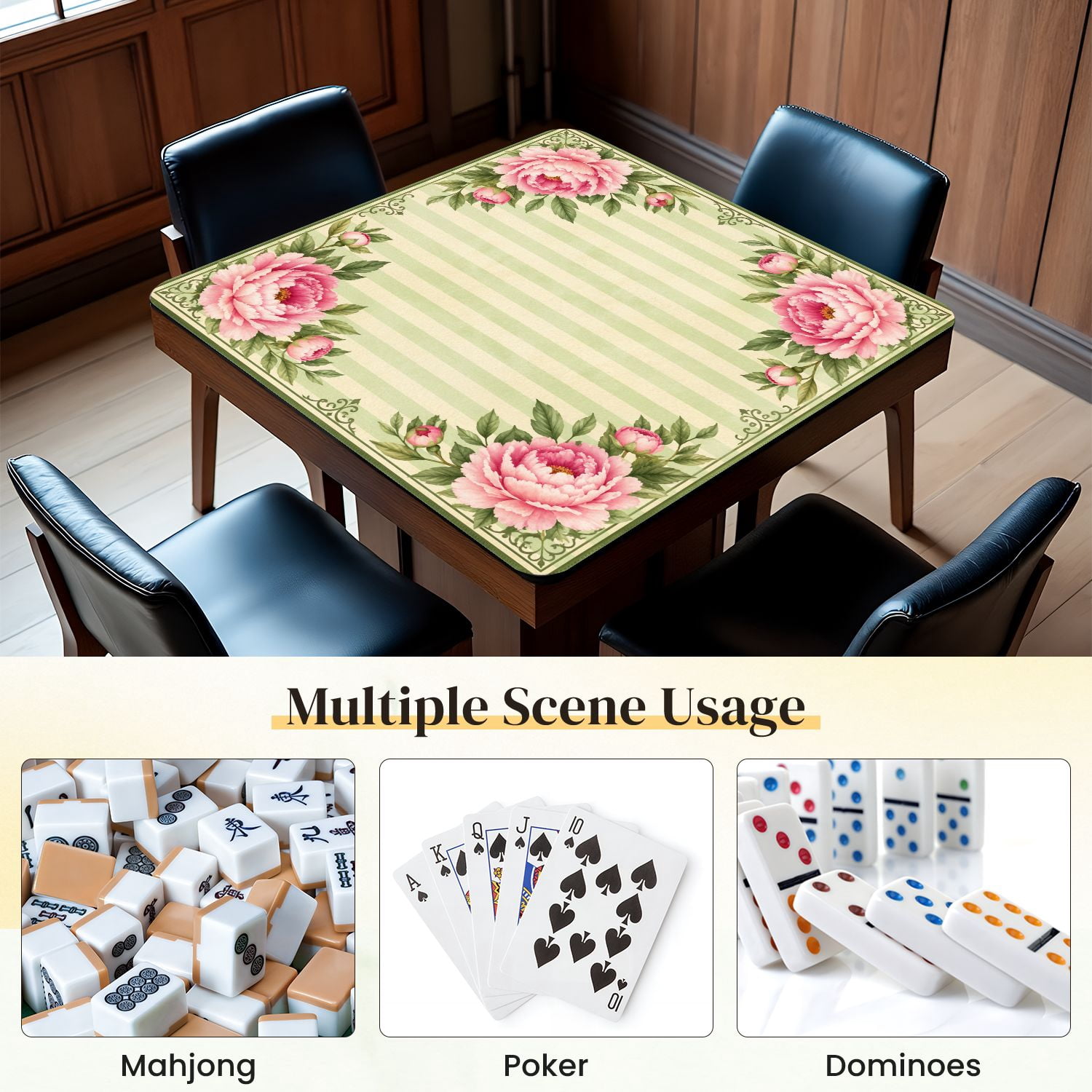 Mahjong Mat 31.5" x 31.5" Pink Floral Mint Green Stripes Vintage Botanical Watercolor Style Non-Slip Noise Reduction Mahjong Tiles Table Cover for Dominoes Poker Card Board and Tile Games