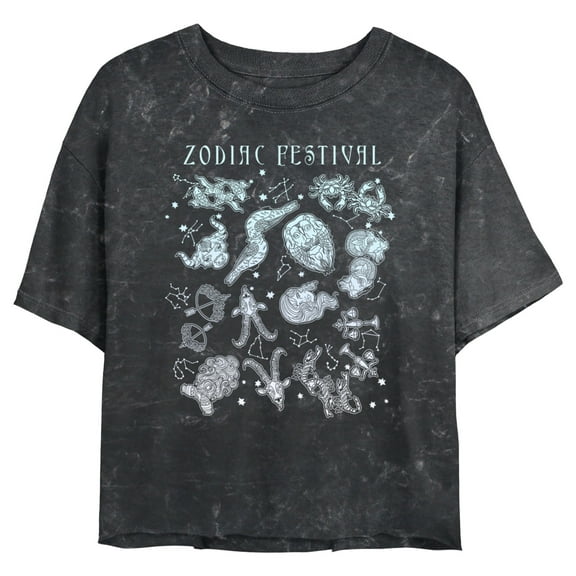 Junior's Lost Gods Zodiac Festival Collage Graphic Crop T-Shirt Black X Large