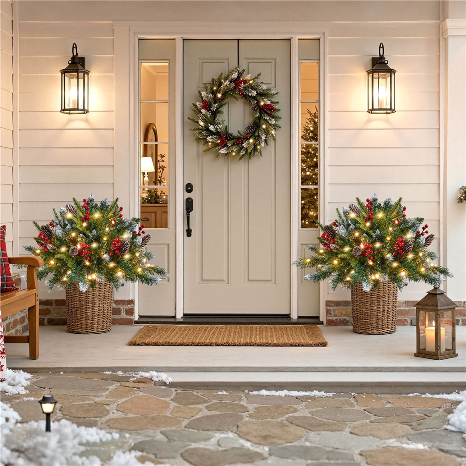 Alden Design Set of 2 Pre-Lit Outdoor Frosted Christmas Trees with LED Lights, Red Berries, Pinecones, Artificial Christmas Trees for Porch, Yard, Green