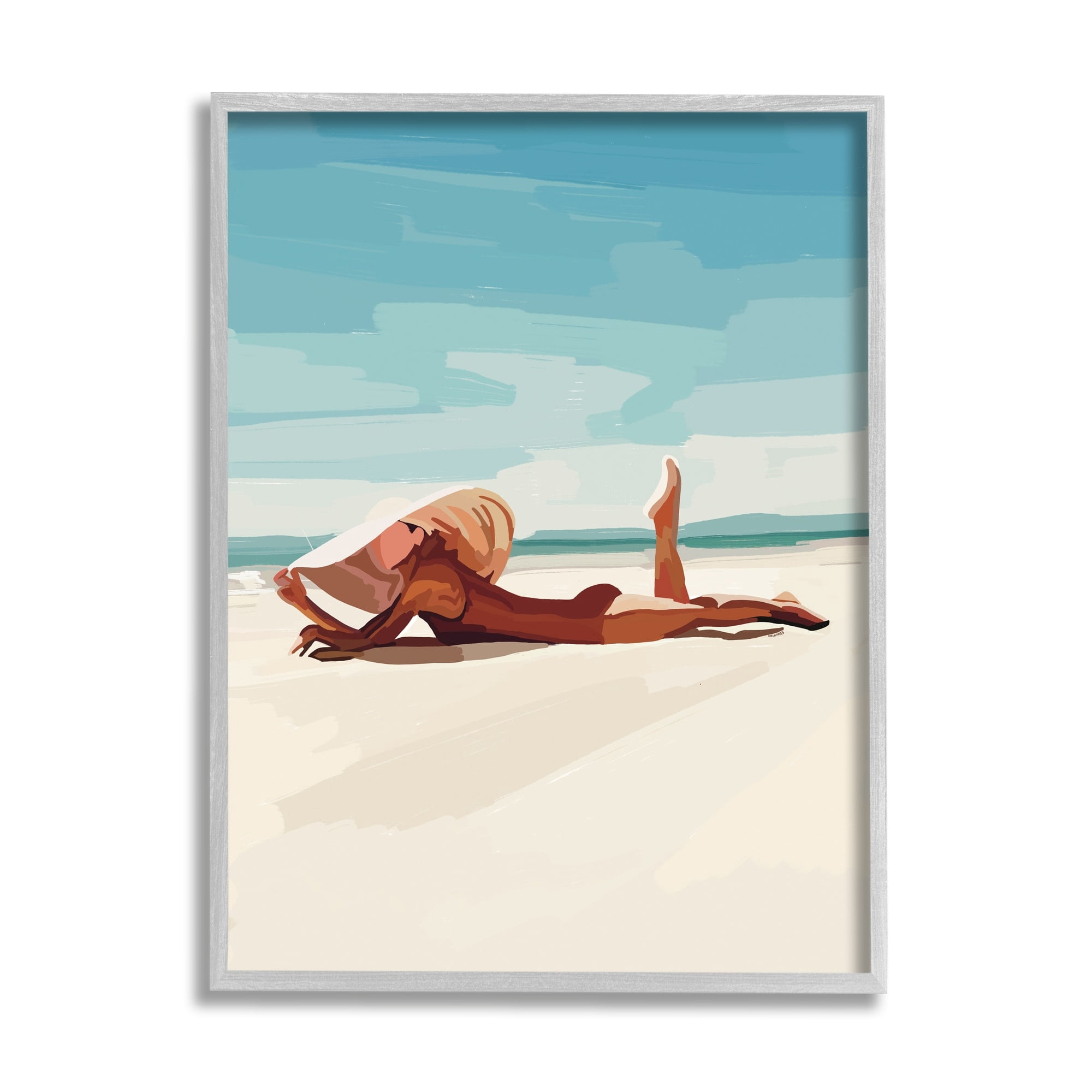 Stupell Industries Beach Babe Lounging Coastal Ocean Shoreline Graphic Art Gray Framed Art Print Wall Art, Design by Amelia Noyes