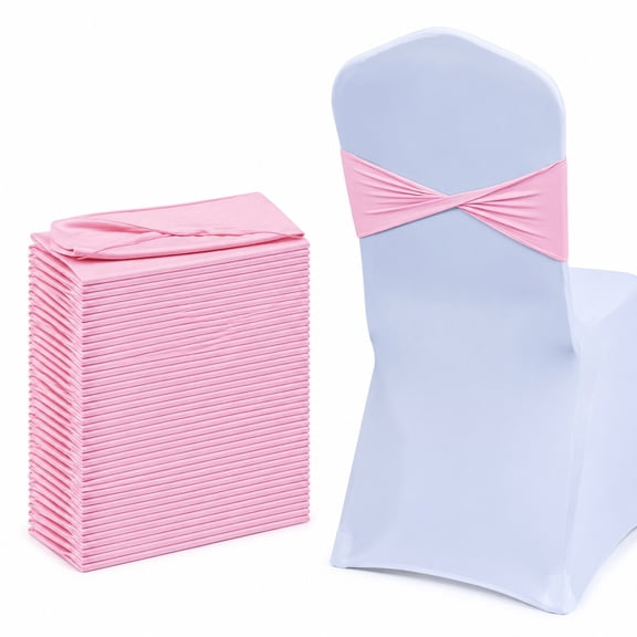 50Pcs Pink Stretch Chair Sashes, Elastic Chair Bows for Banquet Chair Covers, Buckle Free Chair Decorations, Reusable Spandex Chair Bands for Weddings, Birthday Parties, Receptions