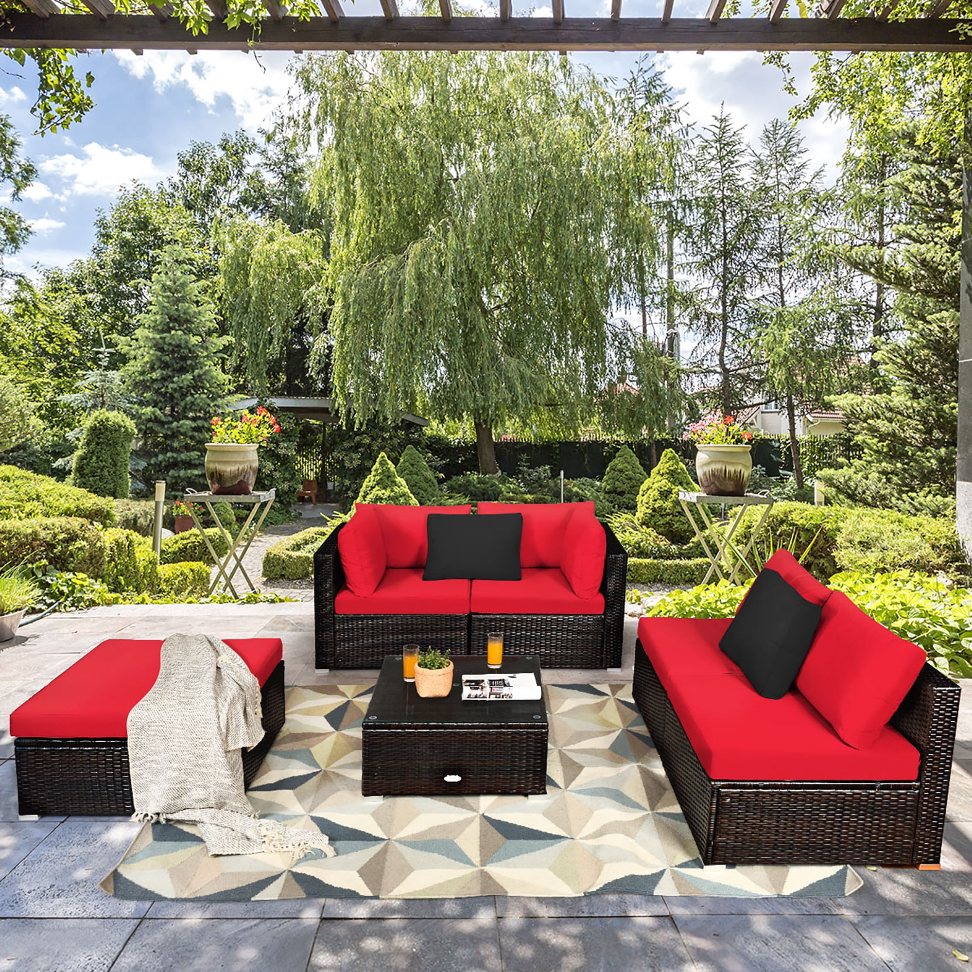 6PCS Outdoor Patio Rattan Furniture Set Cushioned Sectional Sofa Red