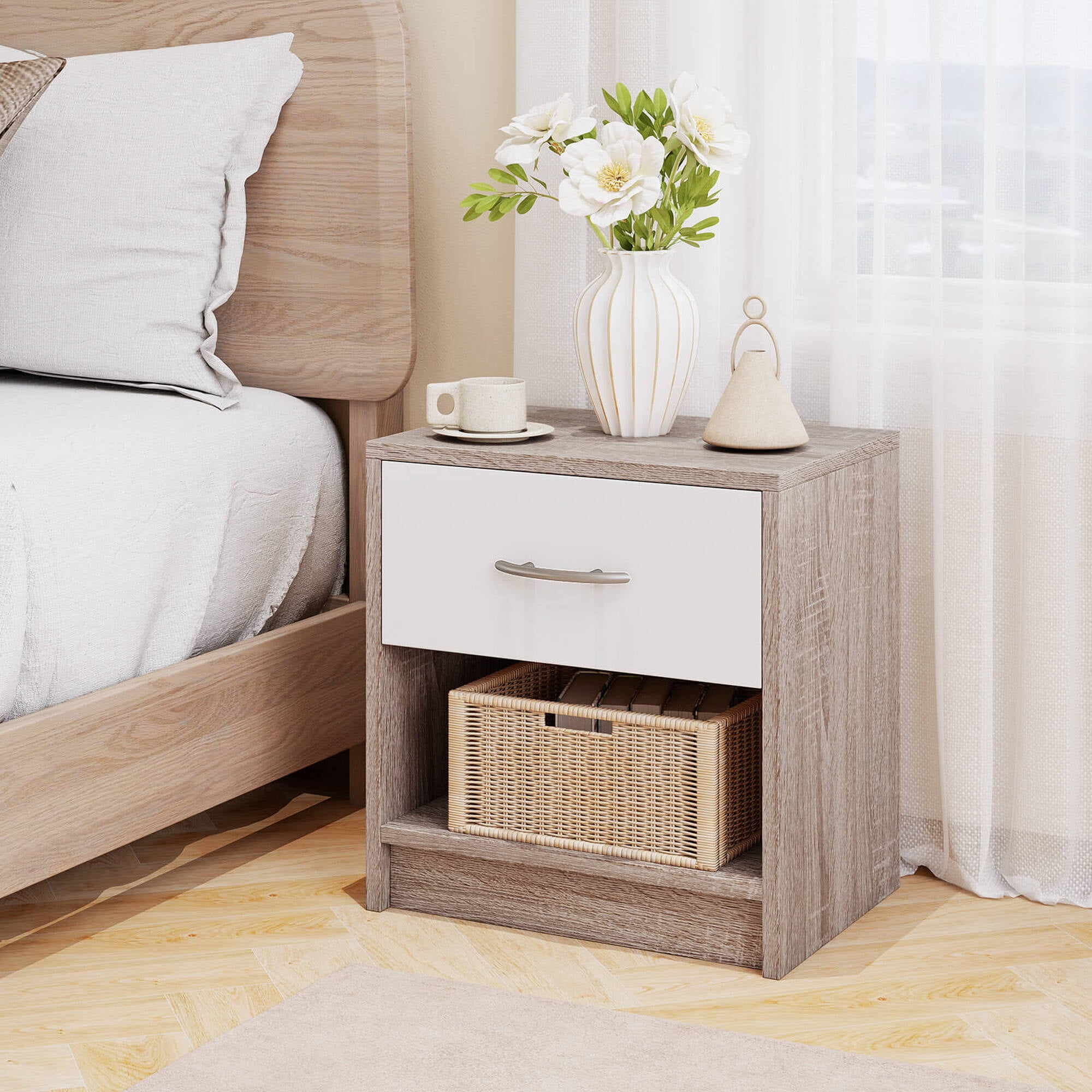Costway Modern Nightstand Bedside Table with Drawer Open Storage Shelf for Small Spaces Light Gray
