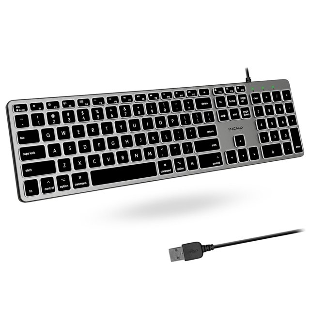 Macally Backlit Mac Keyboard Wired - Quiet, Sleek, and Functional - 3 Brightness Levels, 107 Keys - 5ft USB Wired Apple Keyboard - Backlit Wired Keyboard f