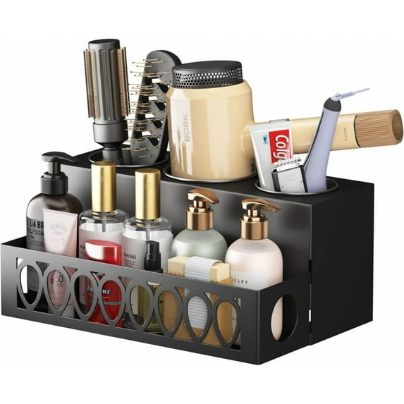 Bathroom Storage Rack, Hair Dryer Storage Rack with 4 Compartments & 3 Heat-resistant Steel Cups, Bathroom Finishing Bracket Kit for Entrance Organizer Game Room, 11.81''L*7.48''W*5.31''H, Black