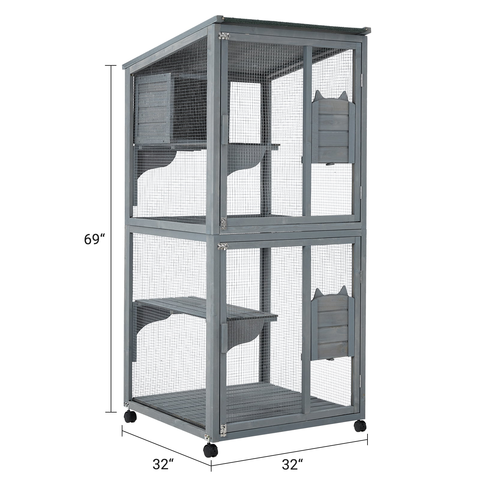 2-Tier Outdoor Cat House, Small Animal Cat Enclosure with 2 Lockable Doors, Catio with Waterproof Cover and Sunshine Panel Roof, Portable Kitty House with Resting Boxes & Fixable Wheels