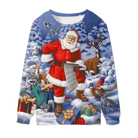 Penkiiy Unisex's Ugly Christmas Jumper Sweater Printed Pullover, 3D Digital Print Sweatshirt Blue