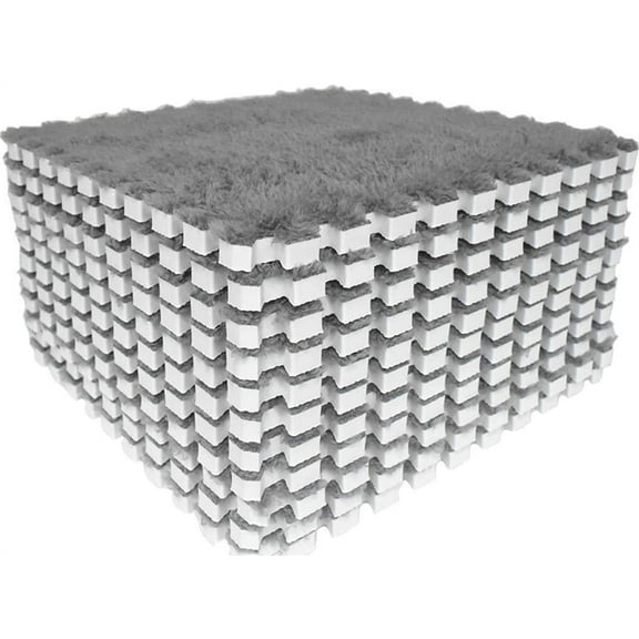 Interlocking Shaggy Carpet Mats for Kids Room, 12 PCS Gray EVA Foam Floor Tiles with Soft Velvet Surface