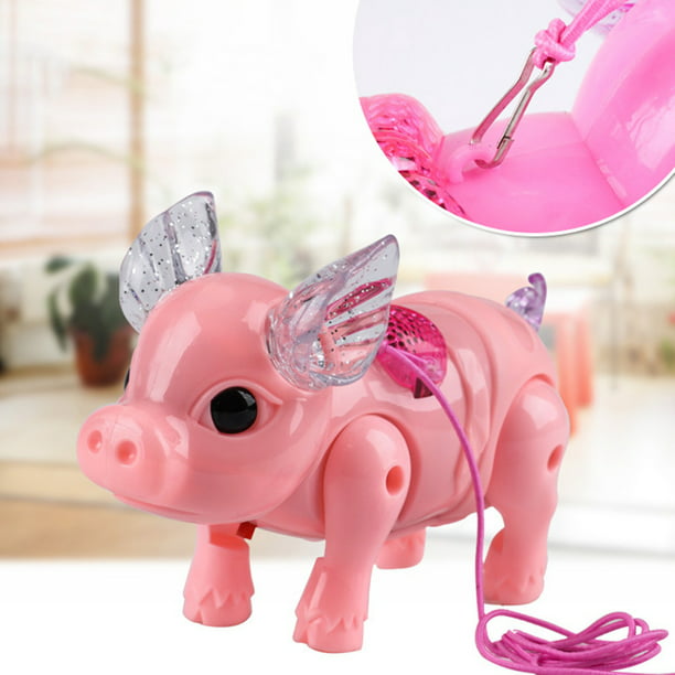 Cheers.US Electric Light Music Walking Pig Toy, Luminous Cartoon Pink Pig with Leash for Kids Children Girls