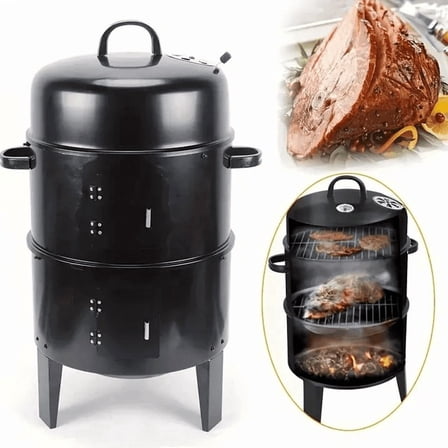 Vertical Charcoal BBQ Smoker, 3-in-1 16" Round Charcoal Barbecue Grill with 2 Cooking Area, and Thermometer for Outdoor Camping Picnic Backyard Cooking, Black