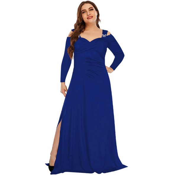 Vestido largo con abertura en el pliegue y manga larga con cuello en V y hombros descubiertos sexy de talla grande para mujer Fridja NMB4542
