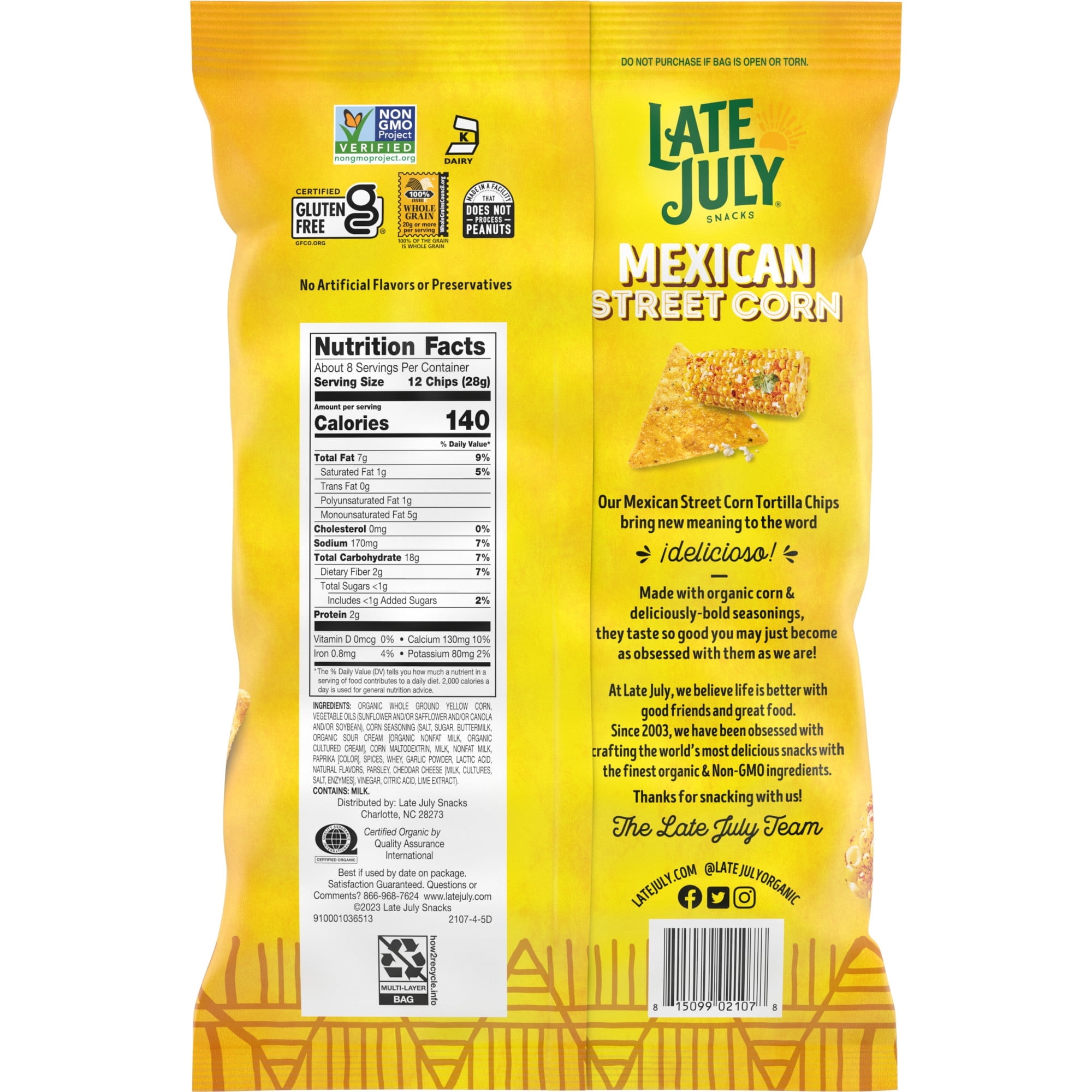 Late July Snacks, Mexican Street Corn Tortilla Chips, 7.8 oz Bag -2 pack