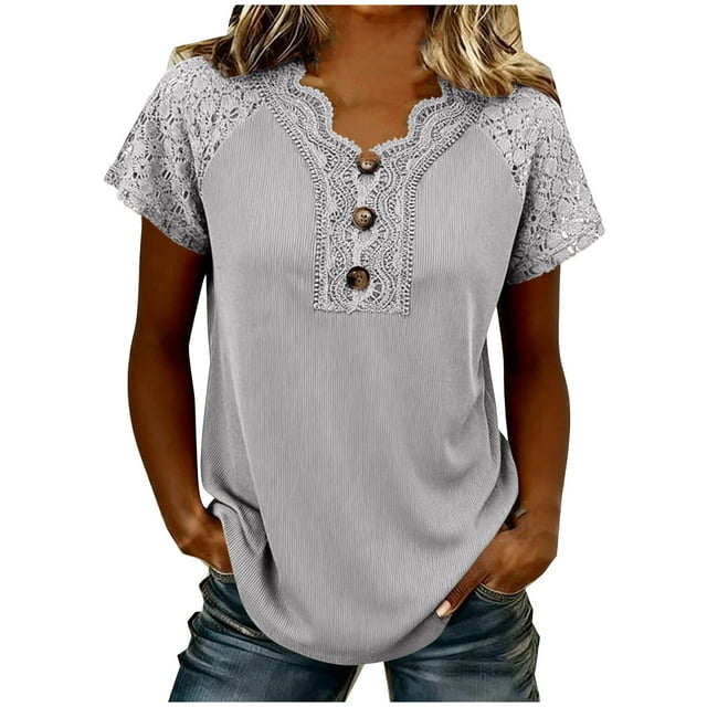 Floleo Chemise Plissée à Manches Courtes Col Rond Légère Ample Polyvalente (Gris, m)