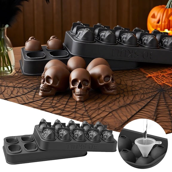 Skull Silicone Ice Cube Tray 10 Cavity 3D Ice Mold Food Grade Silicone For Halloween Party Drinks Candy Diy Baking(Grey-7.32")