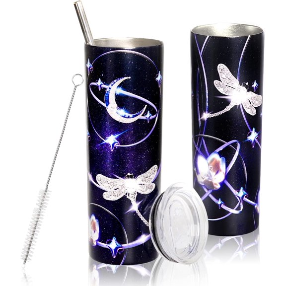 20 Oz Dragonfly Print Skinny Insulated Stainless Steel Tumblers With Straw & Lid Metal Double Wall Vacuum Travel Coffee Mug Dragonfly Gifts For Women