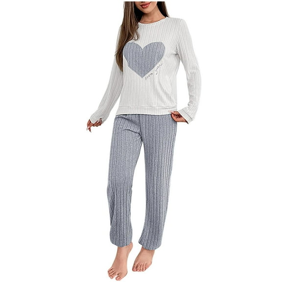 Lopecy-Sta Women's Soft Pajamas Ribbed Pajama Set 2 Piece Long Sleeve Top and Pants Loungwear Cute Pjs Lounge Set Home Warm Wear for Winter
