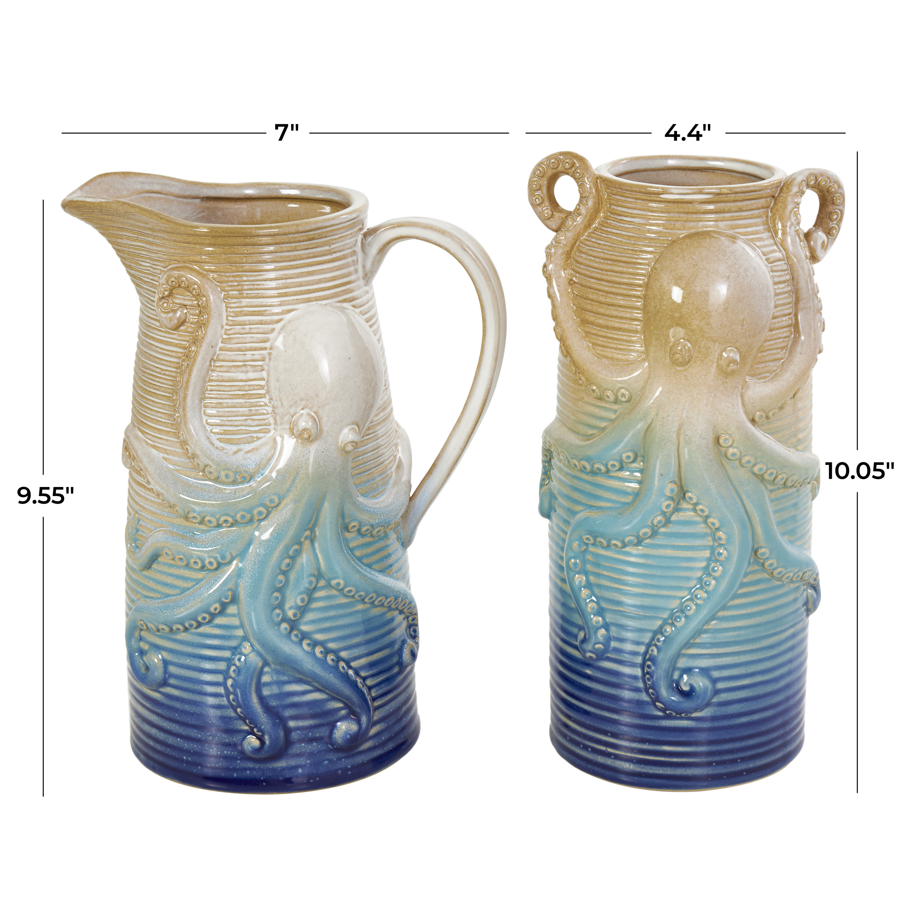 DecMode 10", 10"H Octopus Dimensional Ribbed Ombre Blue Ceramic Vase, Set of 2