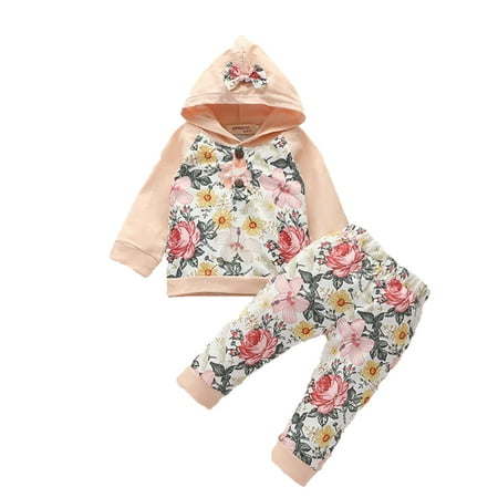 

QYZEU Toddler Girl Clothes 3T Checke Top And Bottom Print Kids Floral Long-Sleeved Pants Baby Tops+Floral Set Hooded Clothes Girls Outfits&Set
