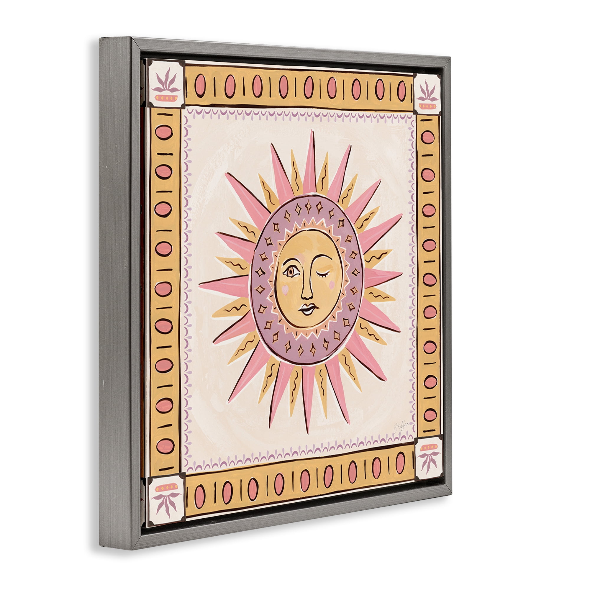 Stupell Industries Pastel Winking Sun with Border Gray Framed Floater Canvas Wall Art, design by Two If By Sea Studios