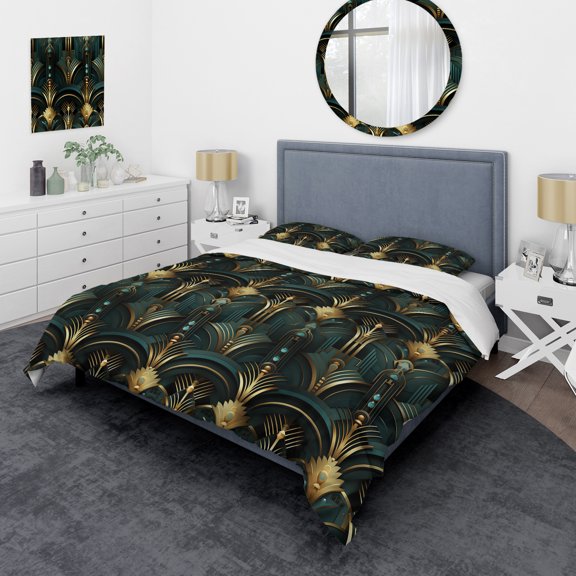 Designart "Opulence In Art Deco With Gold And Green" Damask Bedding Covert Set - Bohemian & Eclectic Bed Set With 2 Shams