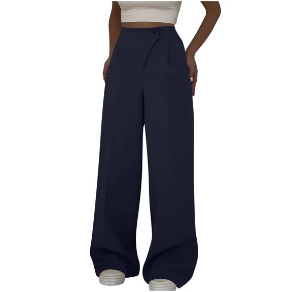 cocolona Summer Casual High Waist Dress Pants for Women Elastic Button Waist Straight Wide Leg Business Work Pants