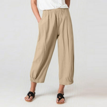 

HOMBOM Pajama Pants Summer Casual Loose Solid Color Pockets Elastic Waist Comfortable Harem Ankle-Length Pants Khaki L(8)