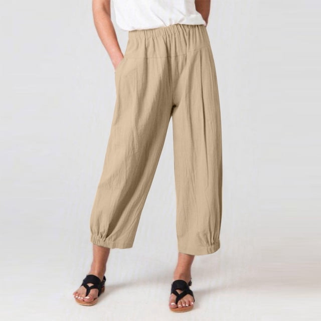 ICHUANYI Clearance Women Casual Loose Solid Color Pockets Elastic Waist Comfortable Ankle-Length Pants(Khaki, XL) ICHUANYI WER2023080701218