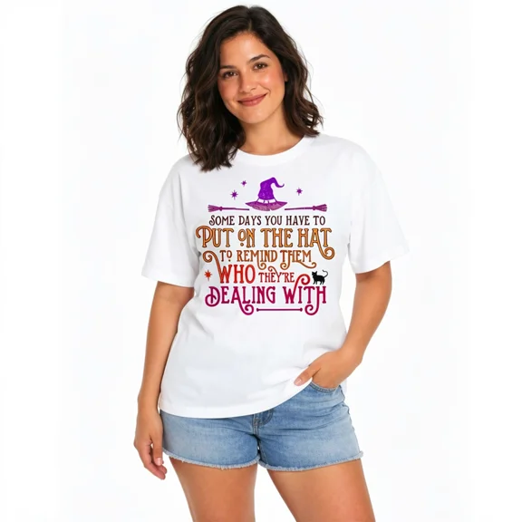 Women's Put On The Hat Witch Quote Graphic T-Shirt, Halloween Crew Neck Cotton Casual Tee