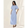 thumbnail image 5 of Petite Womens Blue Striped Linen Blend Ruched Waist Short Sleeve Maxi Dress, 5 of 8