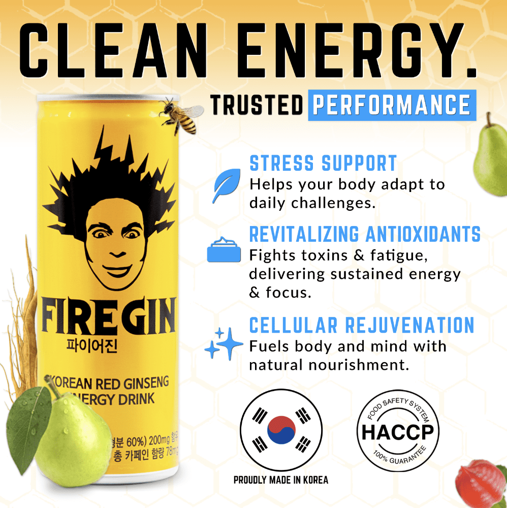 FIREGIN Energy Drink Korean Red Ginseng & Guarana - Crash-Free Energy – Focus, Stamina, Recovery – 78mg Caffeine, Taurine, B Vitamins – HACCP Certified – 8.4 fl oz, Case of 30