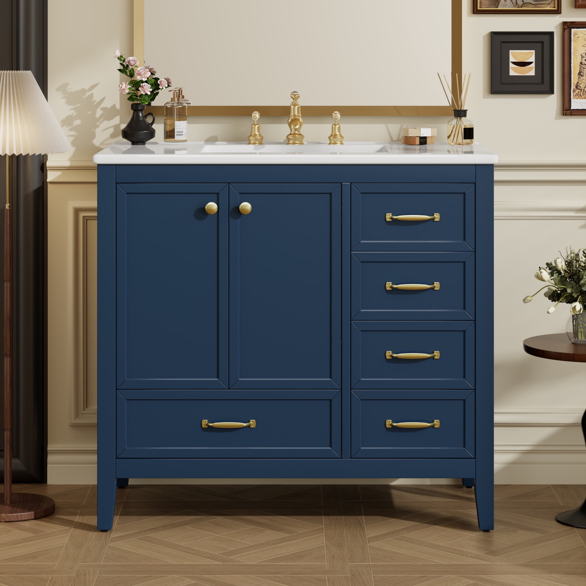 36" Bathroom Vanity with Sink Combo, Freestanding Bathroom Storage Cabinet with 4 Drawers and 2 Soft Closing Doors, Solid Wood Frame, Blue