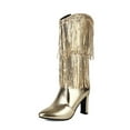 thumbnail image 4 of Bnwani Women Boots Winter Fashion Pointed Zipper High-Heel High Mid-Calf Knee-High Casual Solid Tassel Boot Gold Size 8.5, 4 of 6