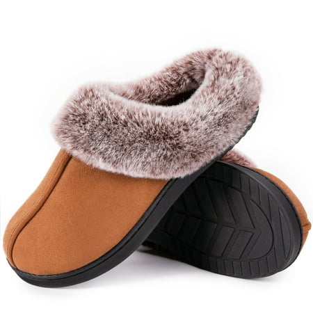 

HomeTop Women s Classic Microsuede Memory Foam Slippers Durable Rubber Sole with Warm Faux Fur Collar