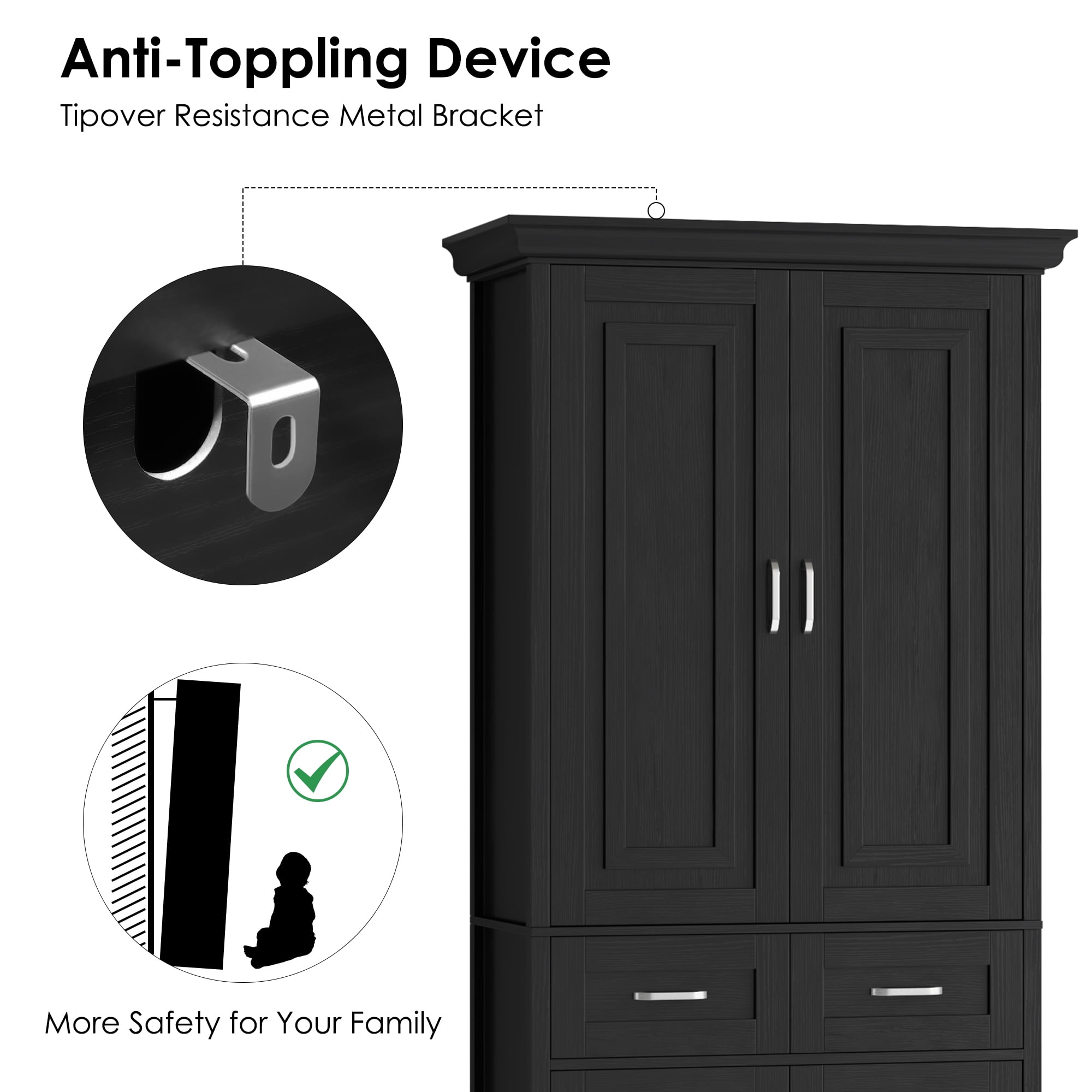 Homfa 70.9'' Tall Kitchen Pantry with 4 Doors, 2 Drawer Modern Freestanding Storage Cabinet for Dining Room Living Room, Black