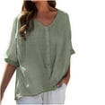 thumbnail image 2 of Summer Savings Clearance Blouse Xihbxyly Shirts for Women Trendy, Womens V-Neck Long Sleeve Loose Button Cotton and Linen Tunic Shirts Summer Shirts Green L, 2 of 7
