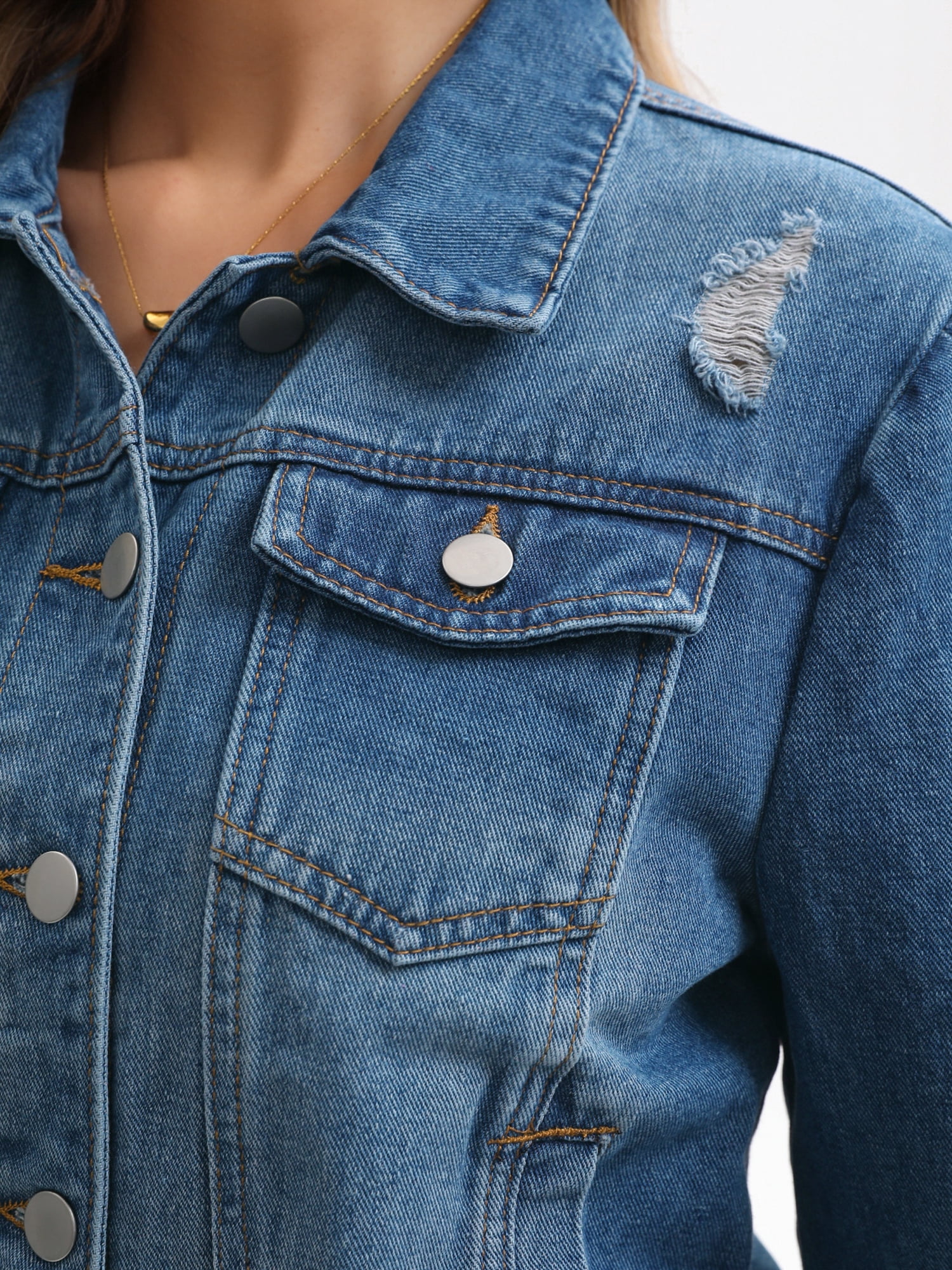 DARING DIVA Women's Cropped 3/4 Sleeve Button Down Washed Denim Jacket S Dark Blue