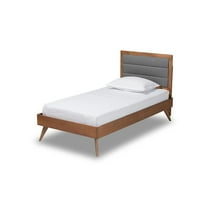 Baxton Studio Linn Mid-Century Modern Dark Grey Fabric Upholstered and Walnut Brown Finished Wood Twin Size Platform Bed