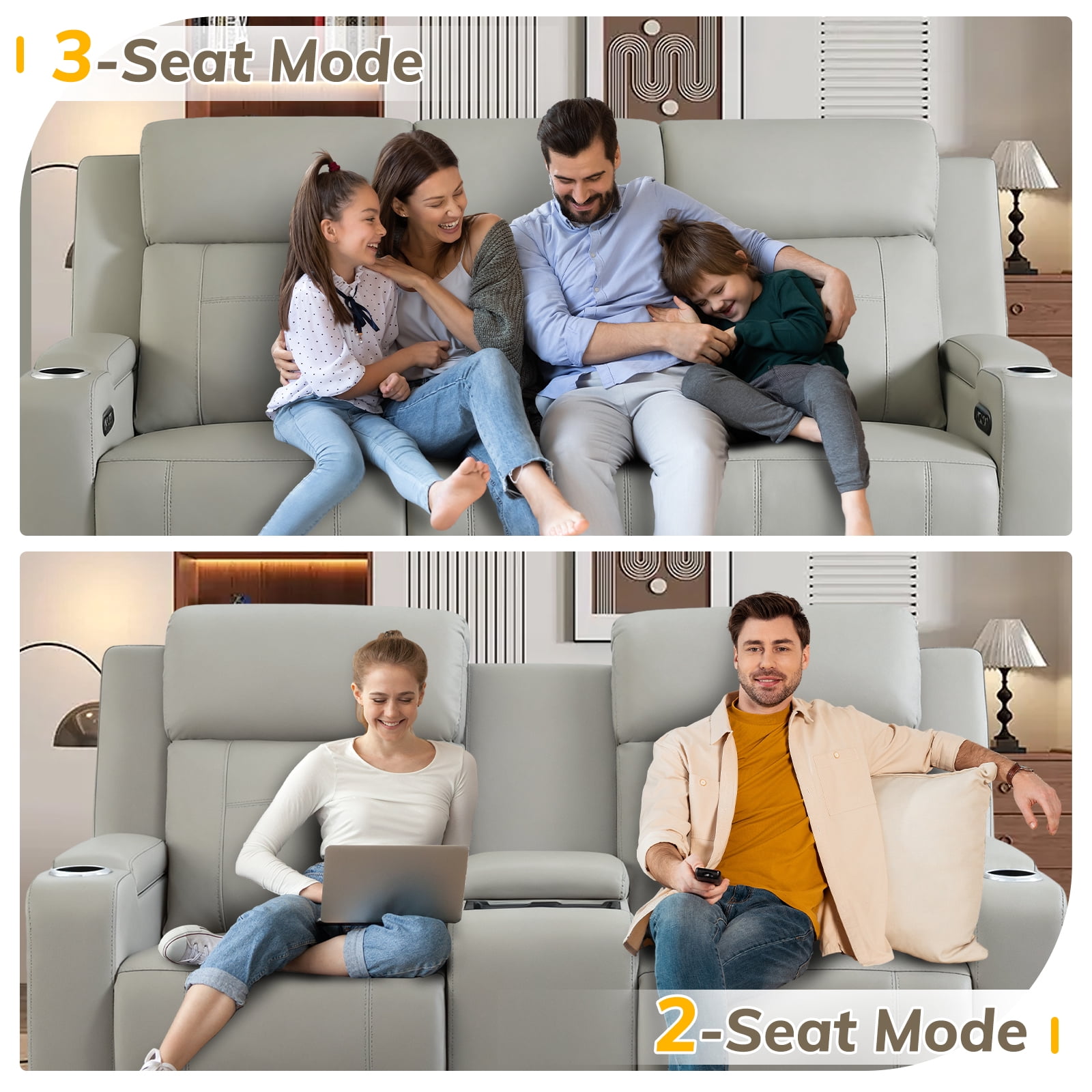 Power Recliner Loveseat, Home Theater Seating with Adjustable Headrest, Blue LED Lighting, Wireless Charging, USB, Type-C, PU Leather Reclining Sofa