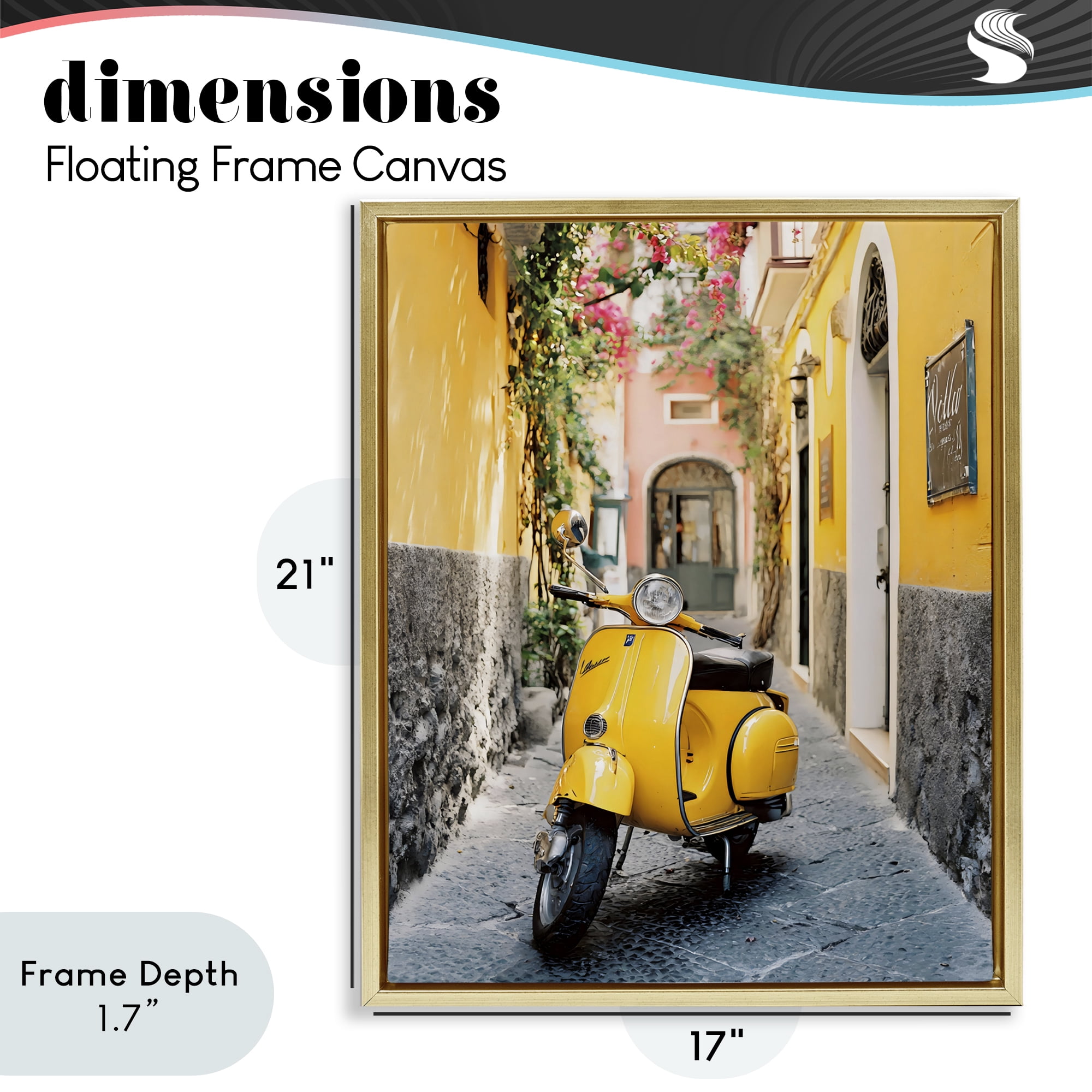 Stupell Industries Yellow Moped in Alley Gold Framed Floater Canvas Wall Art, design by Franklyn Gregory