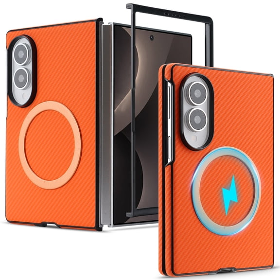 ELEHOLD Magnetic Case for Samsung Galaxy Z Fold8, Carbon Fiber Pattern Leather Slim Protective Cover, Wireless Charging, Orange