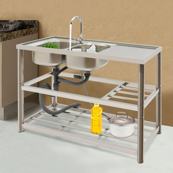2 Compartment Commercial Kitchen Sink Prep Table with Faucet Set Stainless Steel