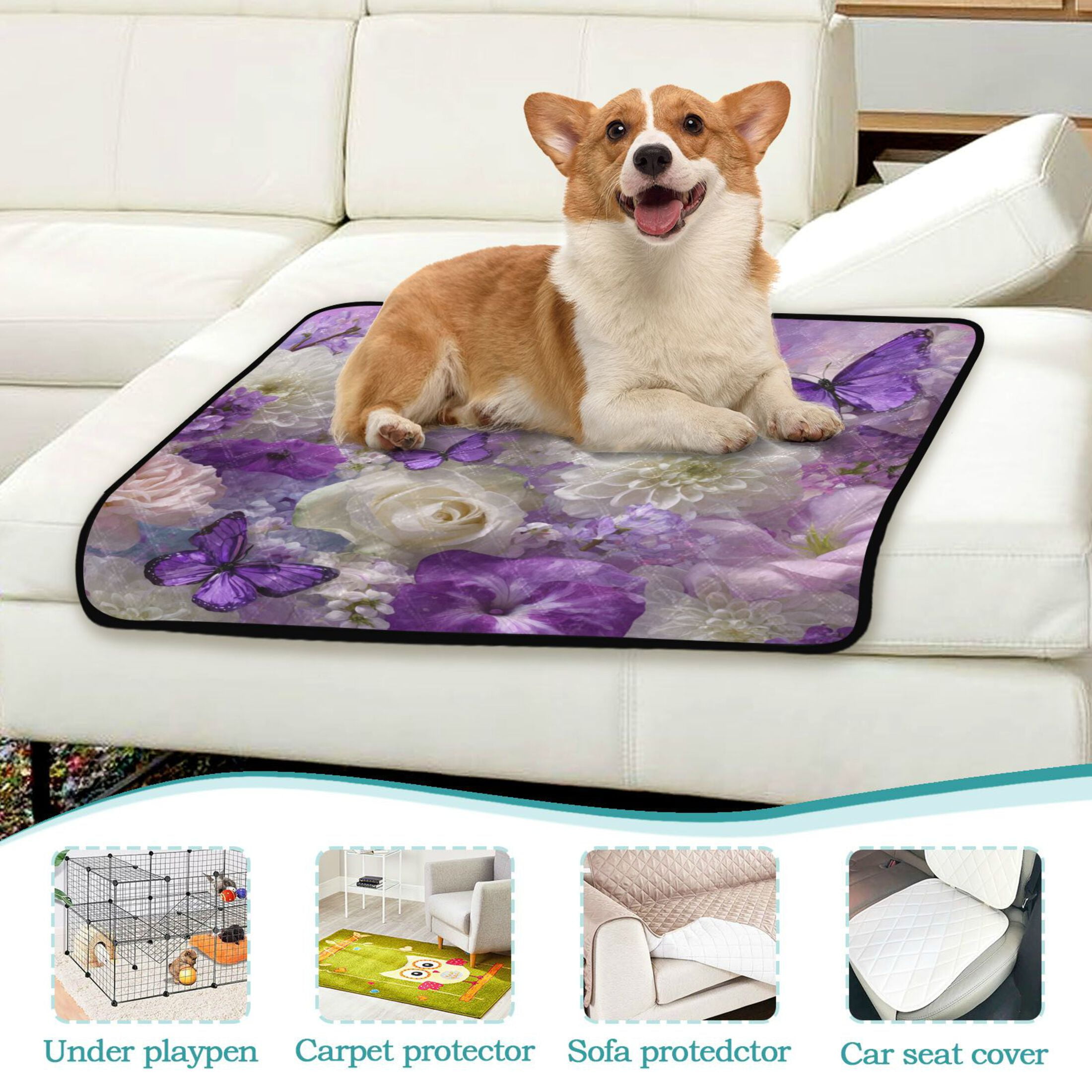 Qxltty Purple Butterfly Floral Cat litter Pads Pet Set of 3 Diaper Mats Center Anti-leakage Layer Absorbent Soft and Comfortable