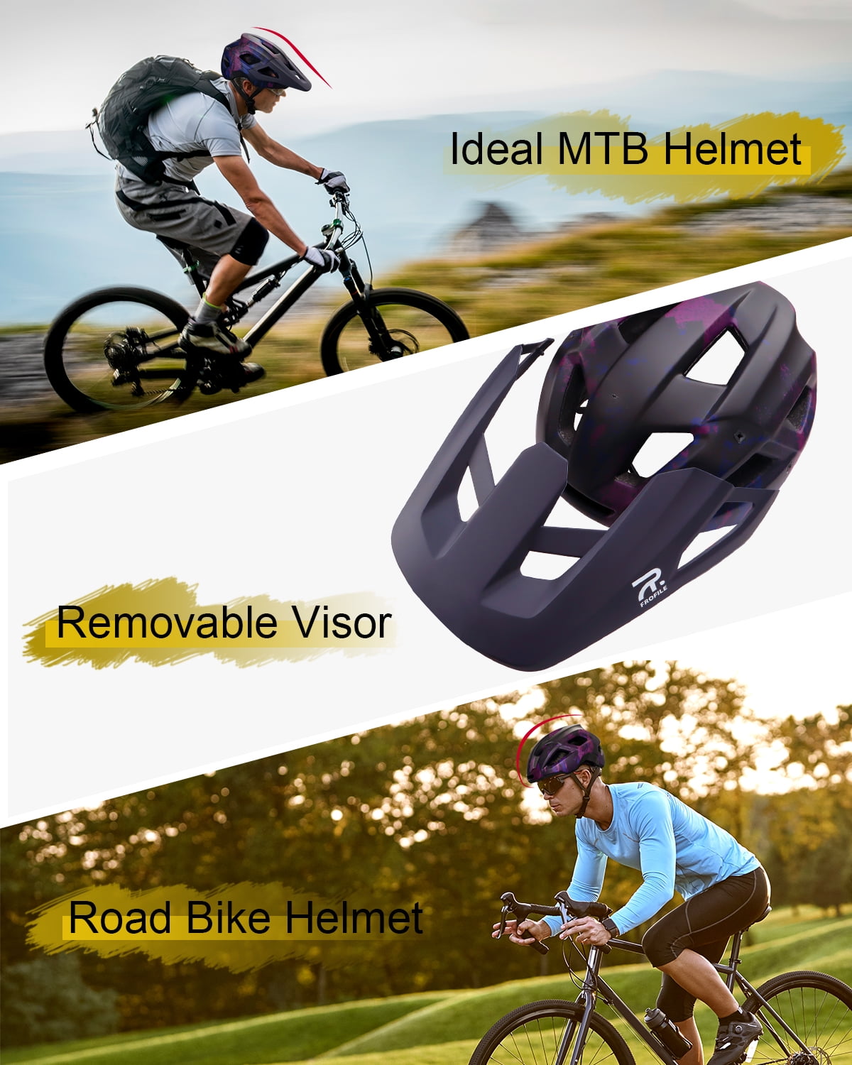 FROFILE Mountain Bike Helmet for Adult - Pinch-Free Magnetic Buckle, Purple Camo, CPSC Certificated MTB Bicycle Helmets with Detachable Visor for Men & Women